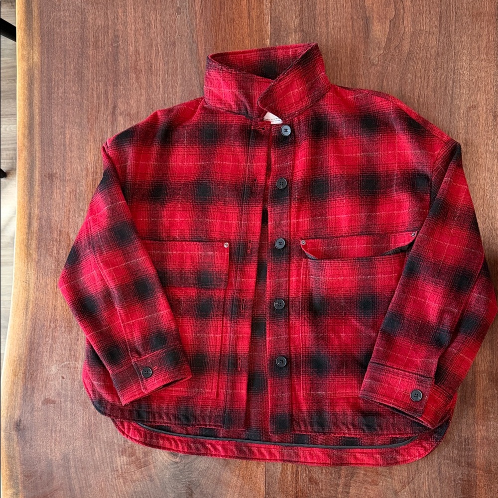 Zara Red and Black Plaid Kids Jean Jacket